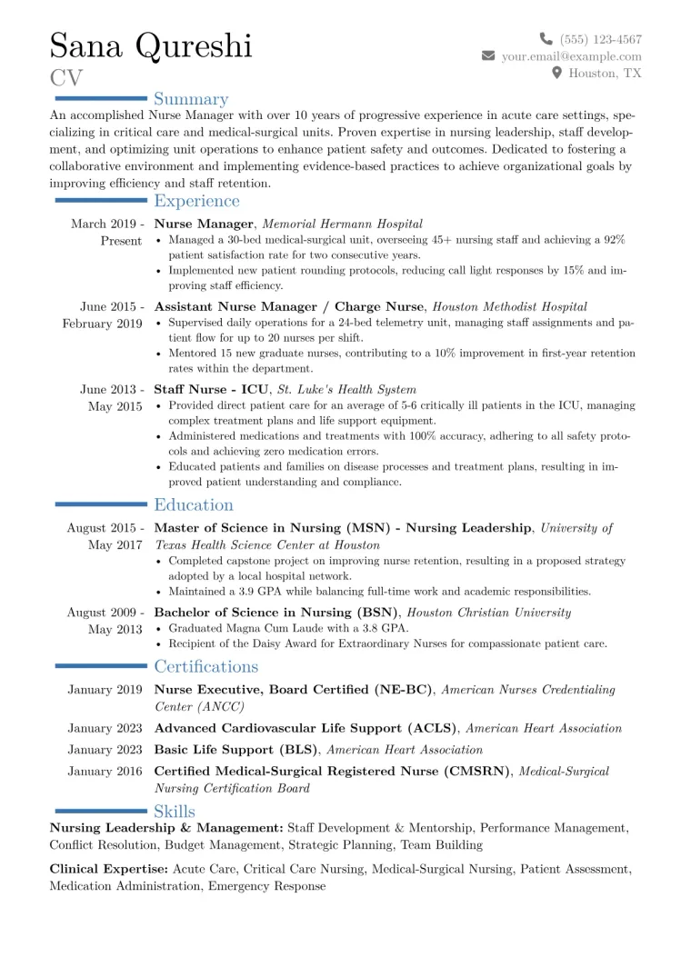 Nurse Manager Resume Example CV template preview