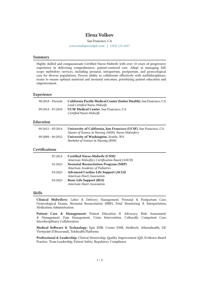 Nurse Midwife Resume Example CV template preview