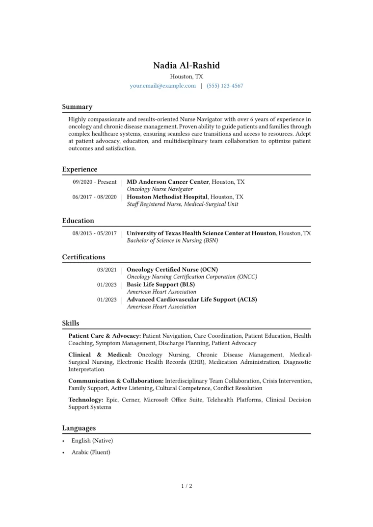 Nurse Navigator Resume Example CV template preview