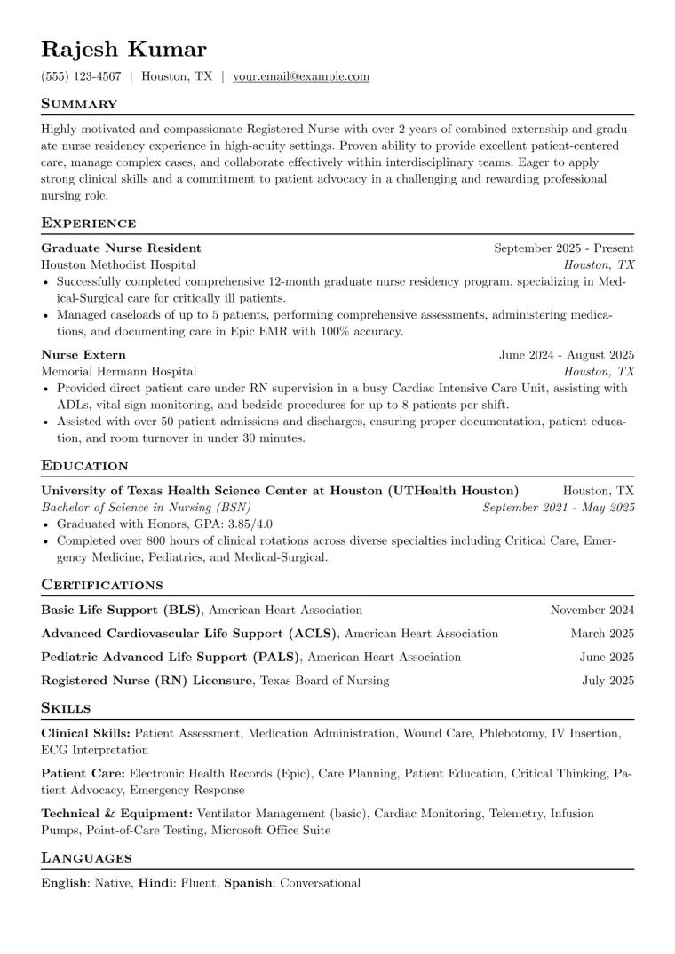 Nurse (No Experience) Resume Example CV template preview