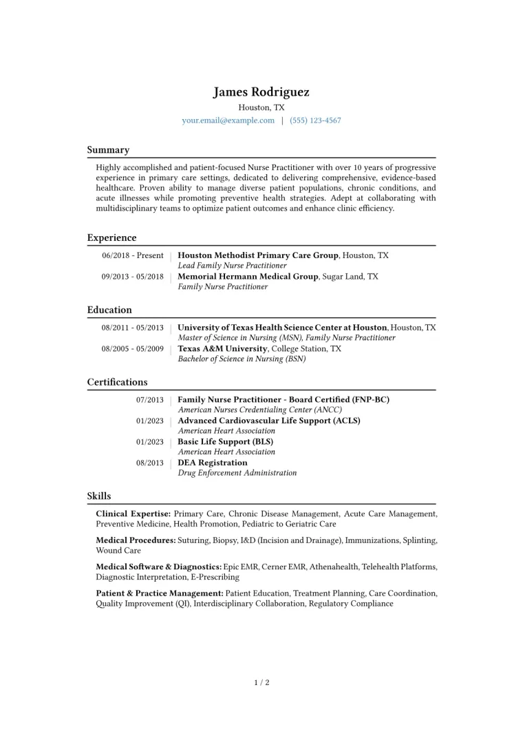 Nurse Practitioner Primary Care Resume Example CV template preview