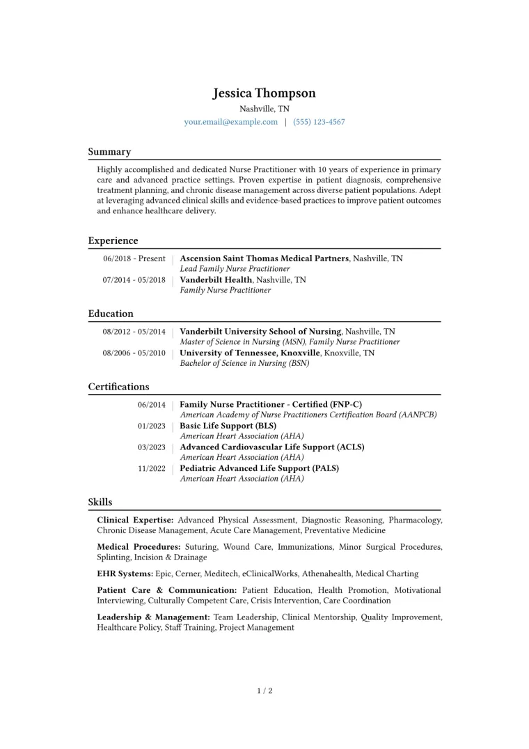 Nurse Practitioner Resume Example CV template preview