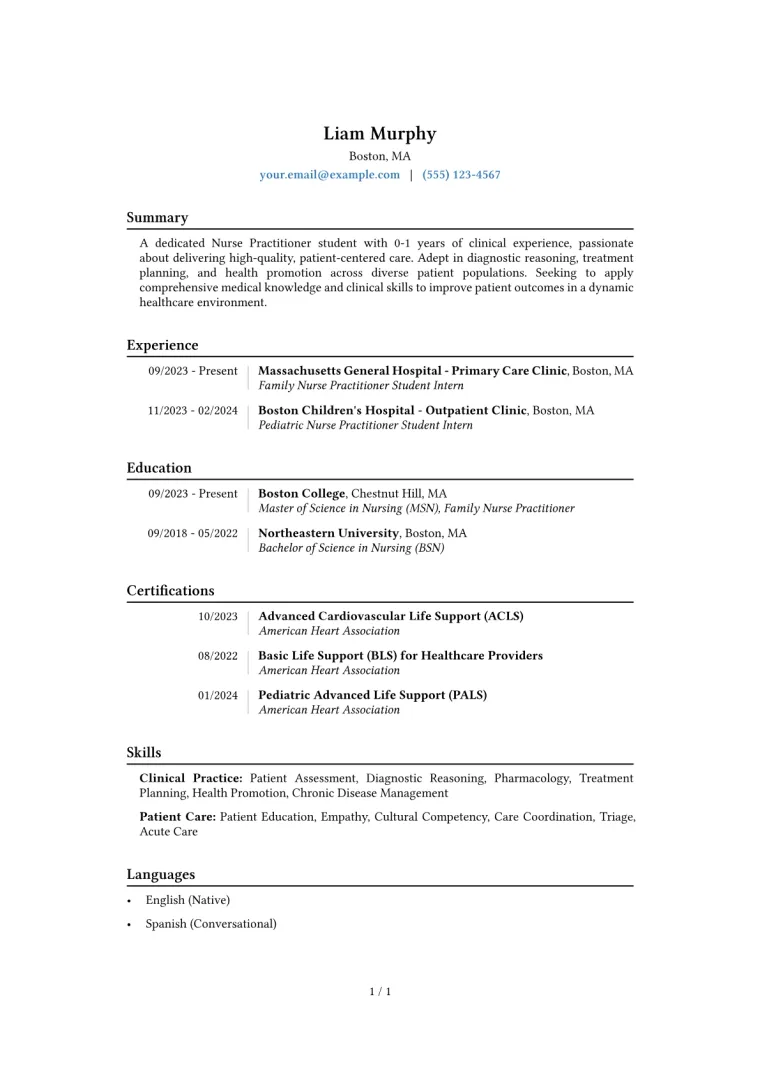 Nurse Practitioner Student Resume Example CV template preview