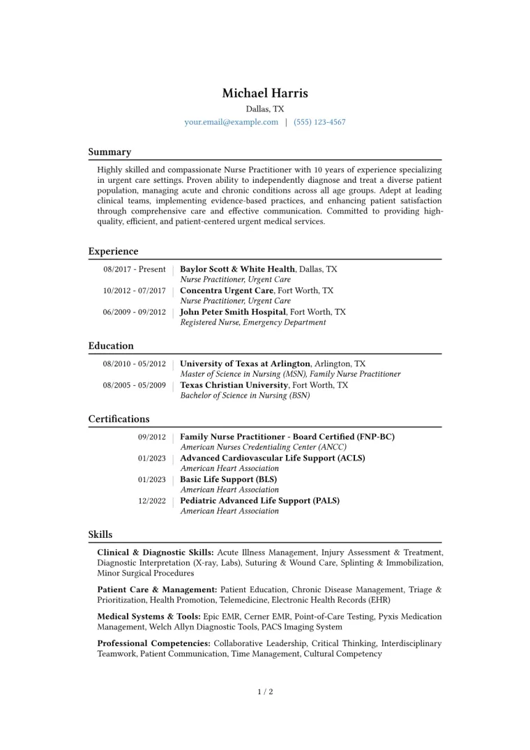 Nurse Practitioner Urgent Care Resume Example CV template preview