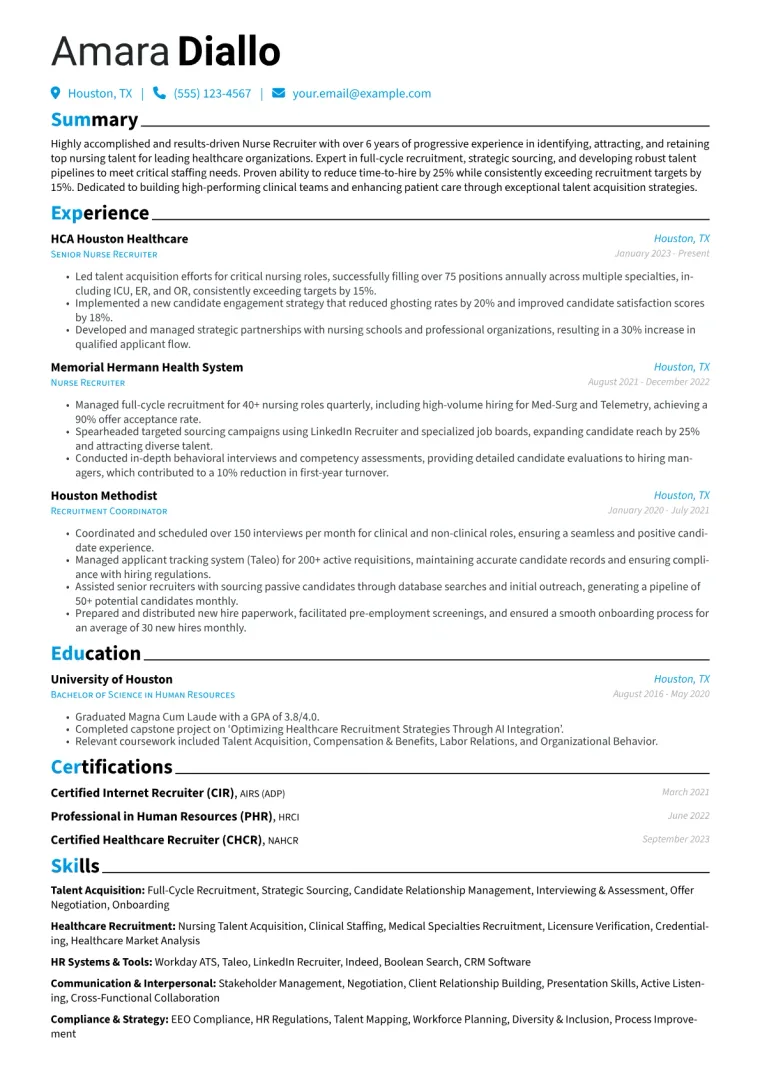 Nurse Recruiter Resume Example CV template preview