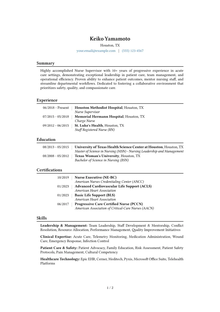 Nurse Supervisor Resume Example CV template preview
