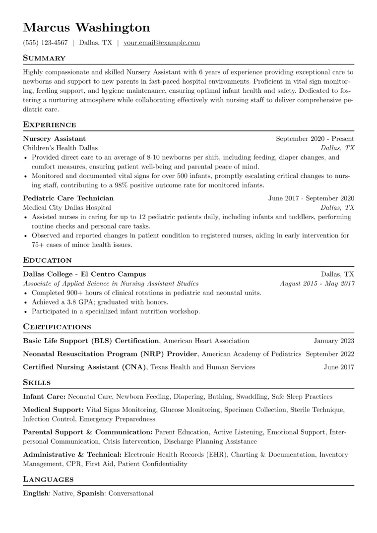 Nursery Assistant Resume Example CV template preview