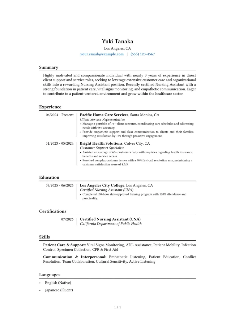 Nursing Assistant No Experience Resume Example CV template preview