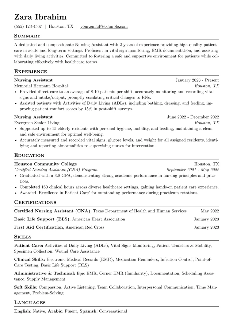 Nursing Assistant Resume Example CV template preview