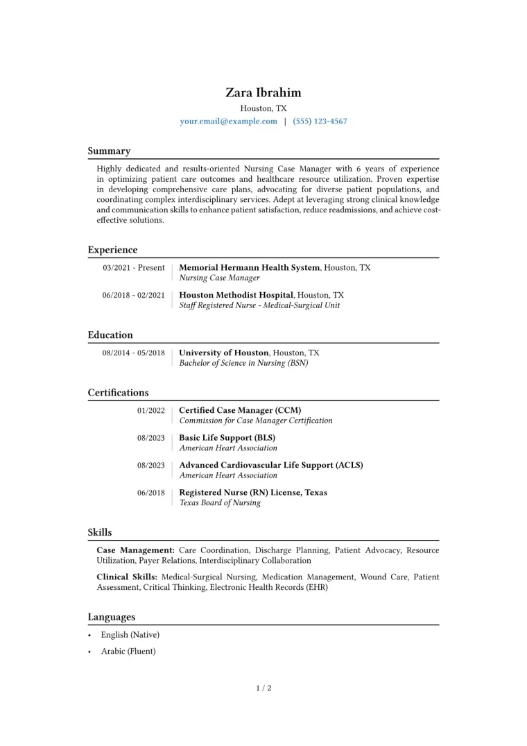 Nursing Case Manager Resume Example CV template preview