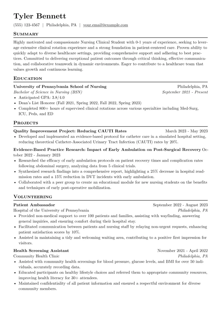 Nursing Clinical Student Resume Example CV template preview