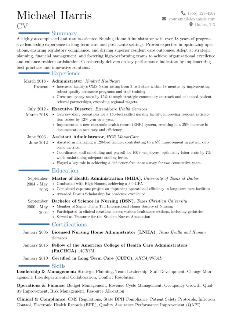 Nursing Home Administrator Resume Example CV template preview