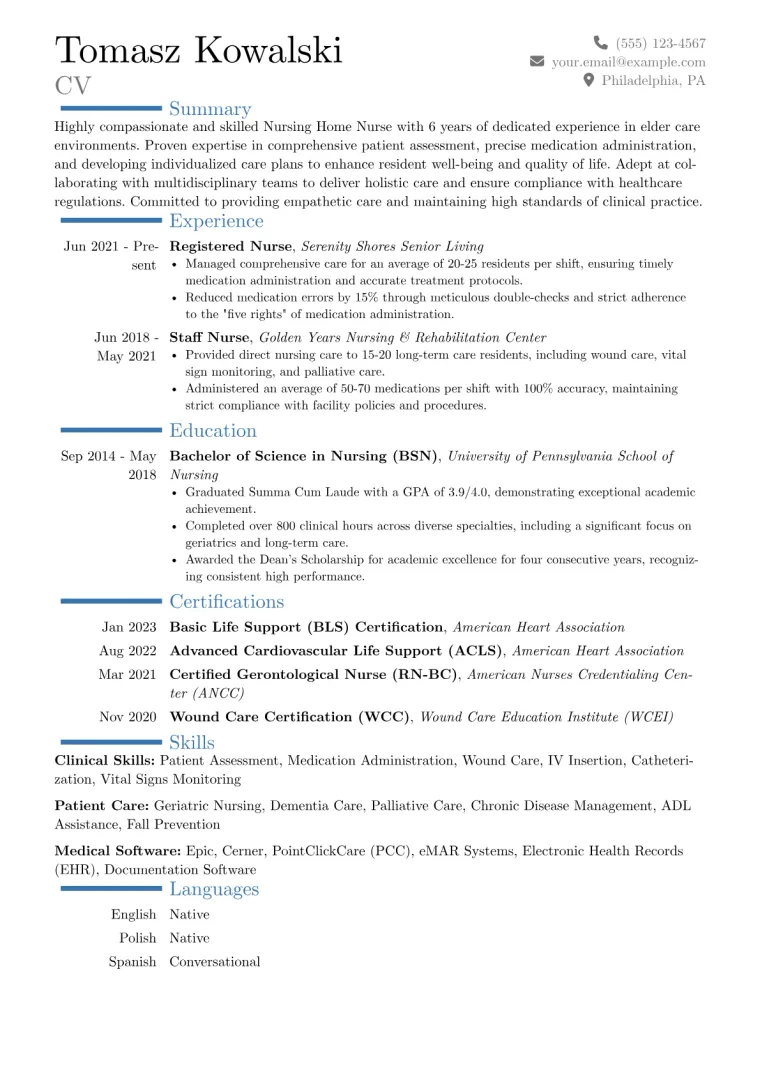 Nursing Home Nurse Resume Example CV template preview