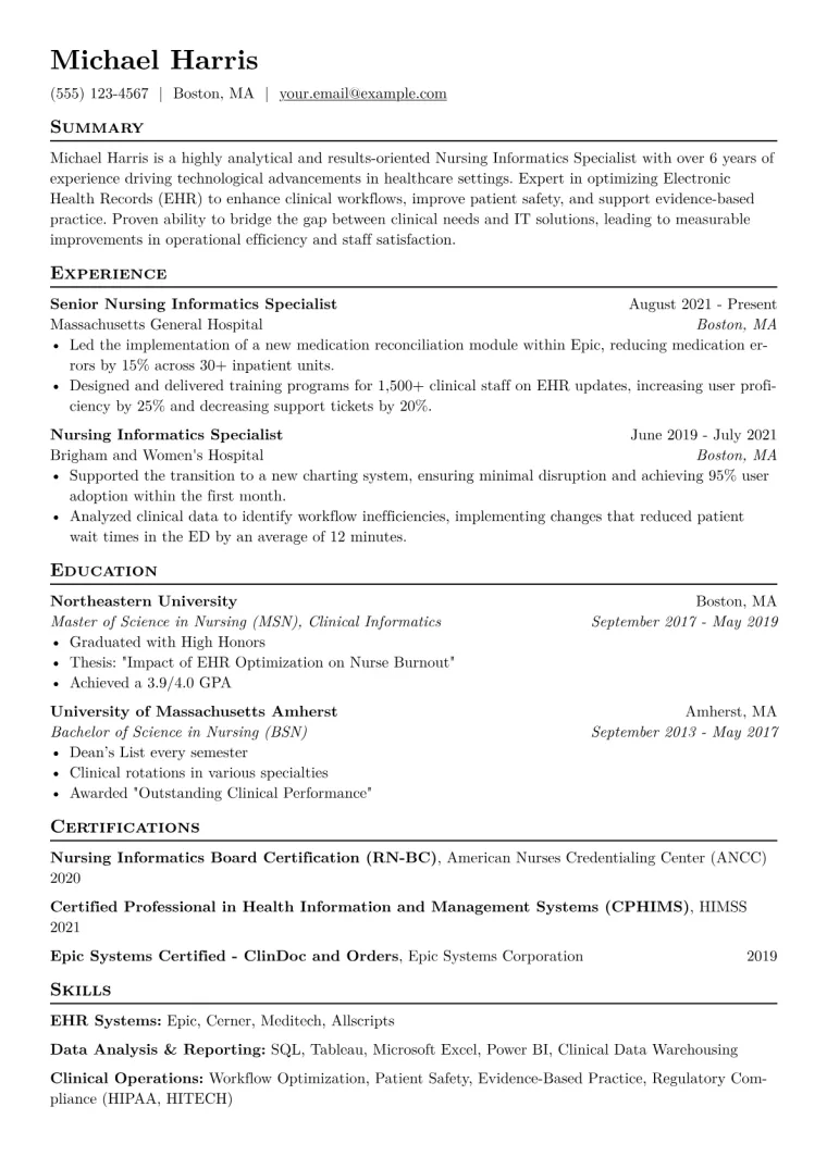 Nursing Informatics Specialist Resume Example CV template preview