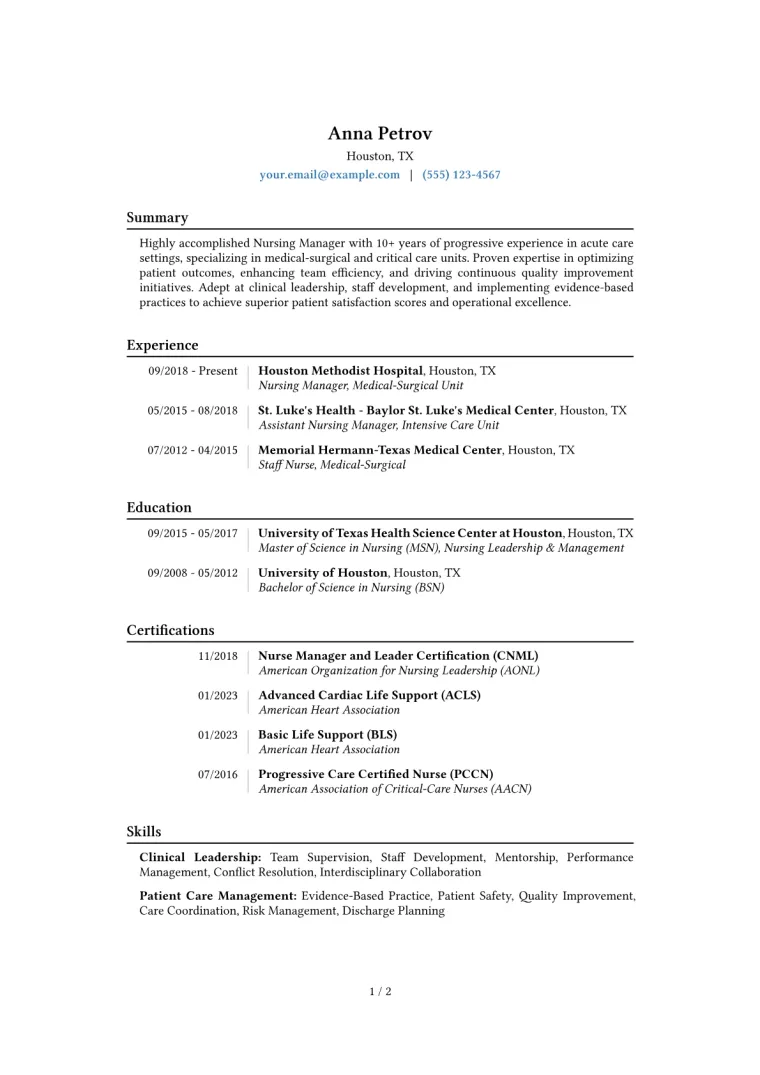Nursing Manager Resume Example CV template preview