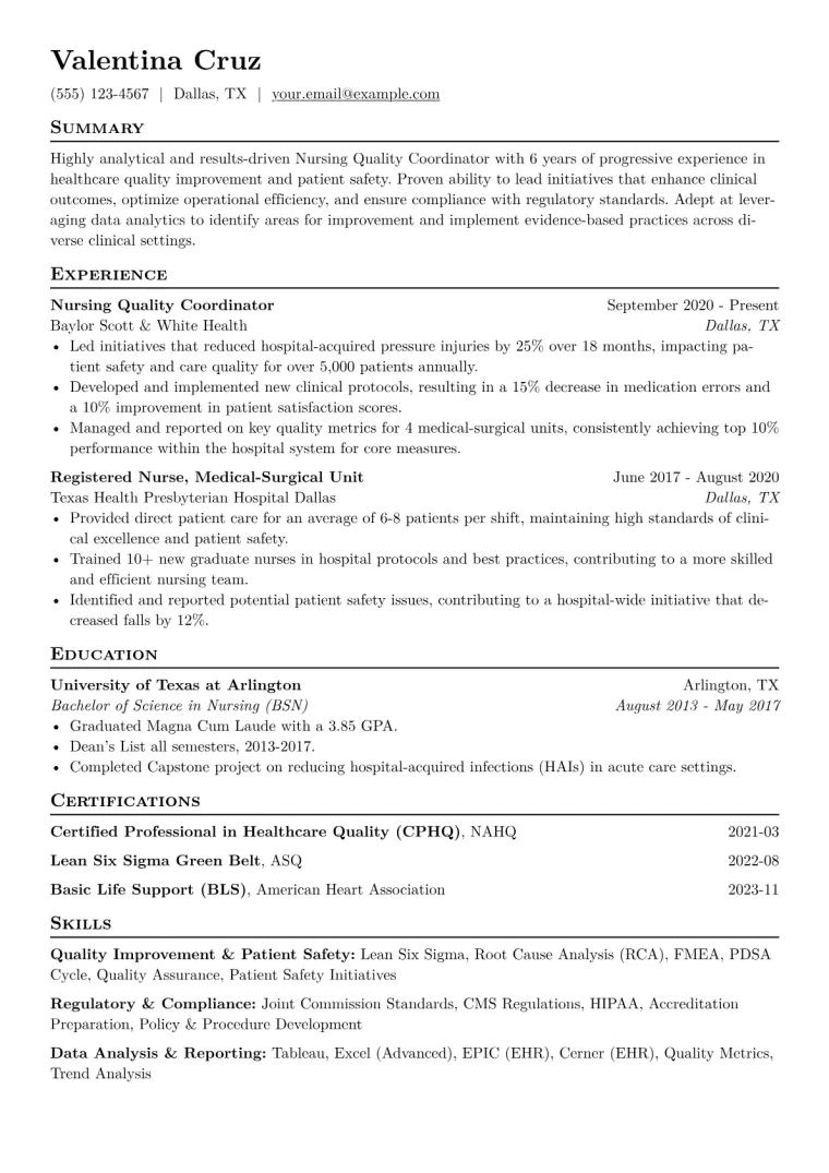 Nursing Quality Coordinator Resume Example CV template preview