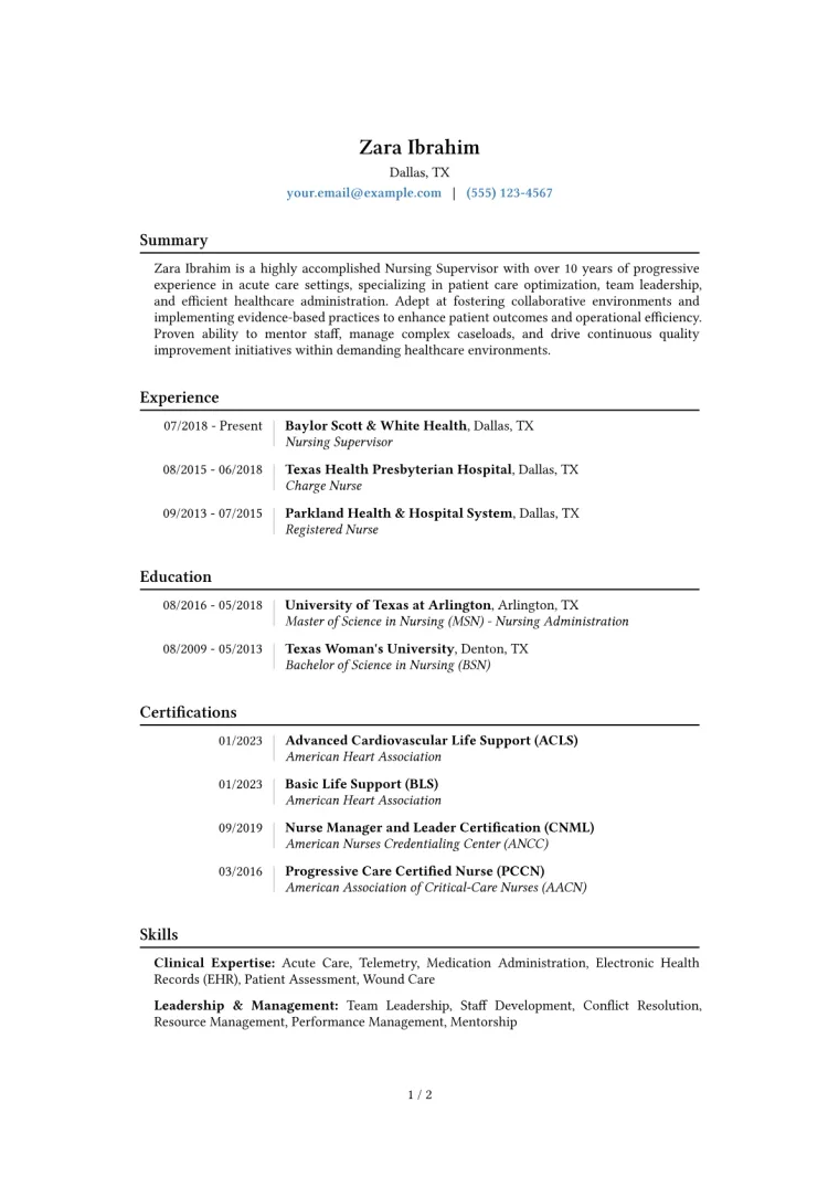 Nursing Supervisor Resume Example CV template preview
