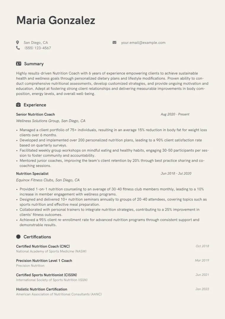 Nutrition Coach Resume Example CV template preview