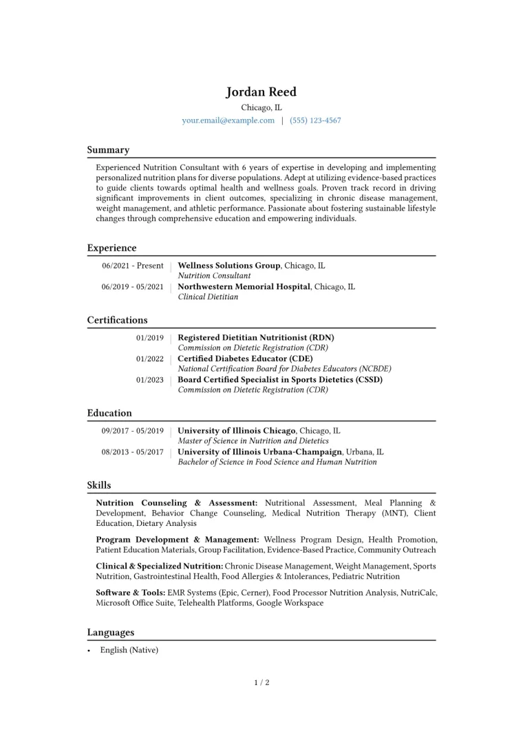 Nutrition Consultant Resume Example CV template preview