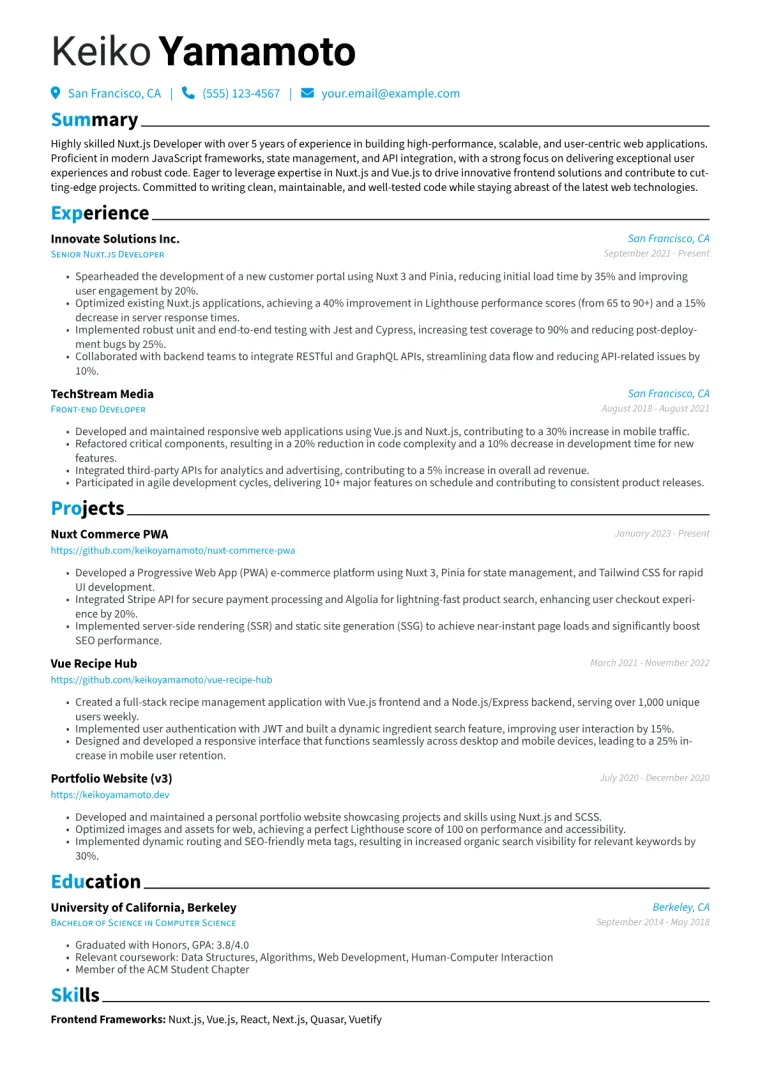 Nuxt.js Developer Resume Example CV template preview