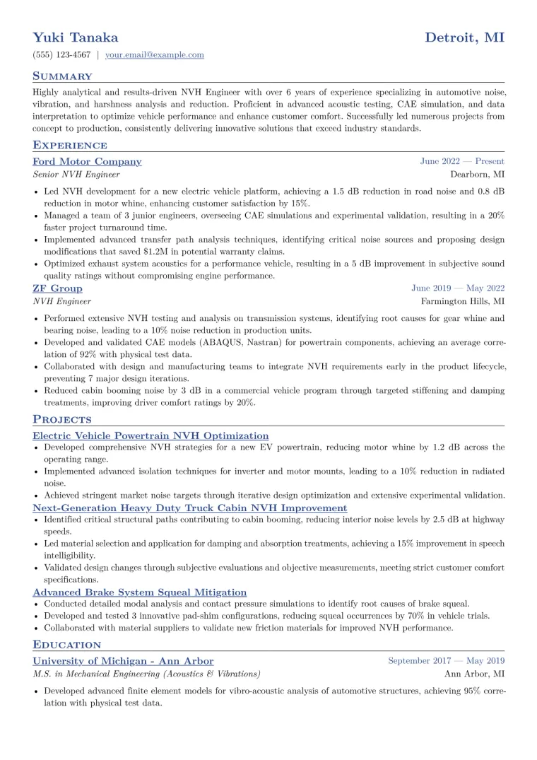NVH Engineer Resume Example CV template preview