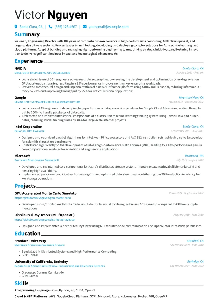 NVIDIA Director of Engineering Resume Example CV template preview