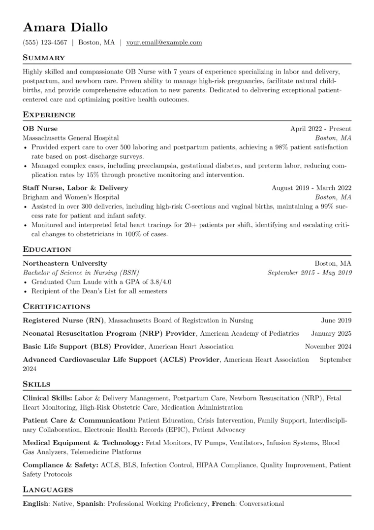 OB Nurse Resume Example CV template preview