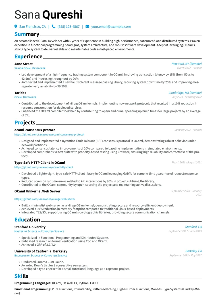 OCaml Developer Resume Example CV template preview