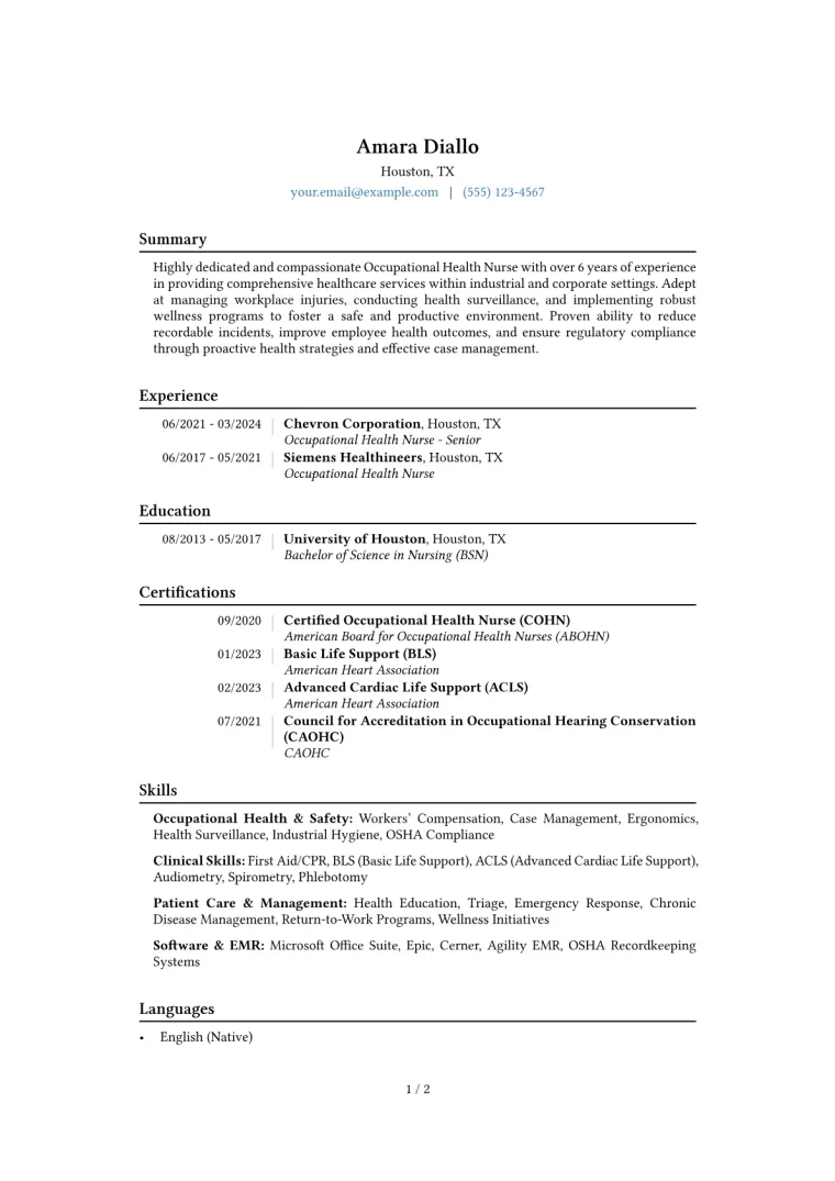 Occupational Health Nurse Resume Example CV template preview