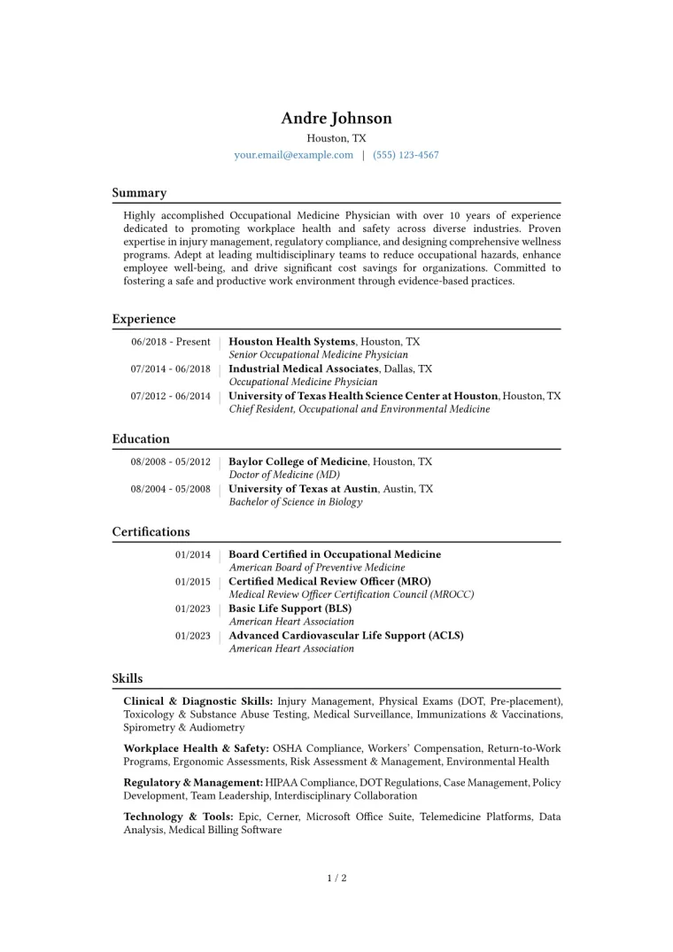 Occupational Medicine Physician Resume Example CV template preview