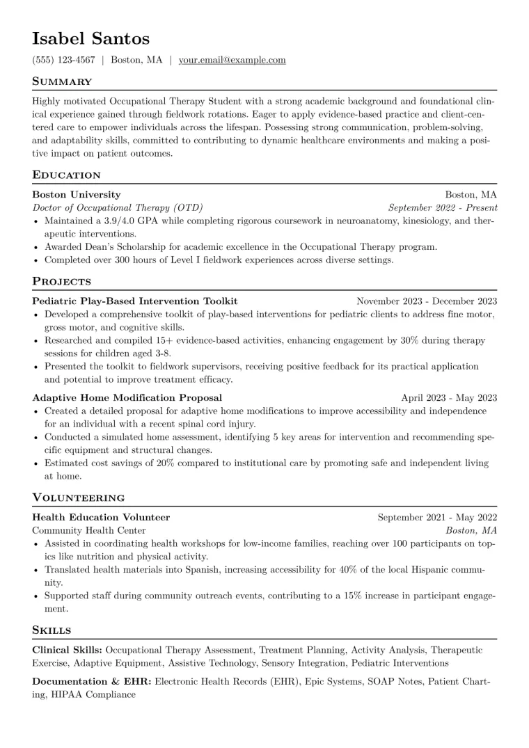 Occupational Therapy Student Resume Example CV template preview
