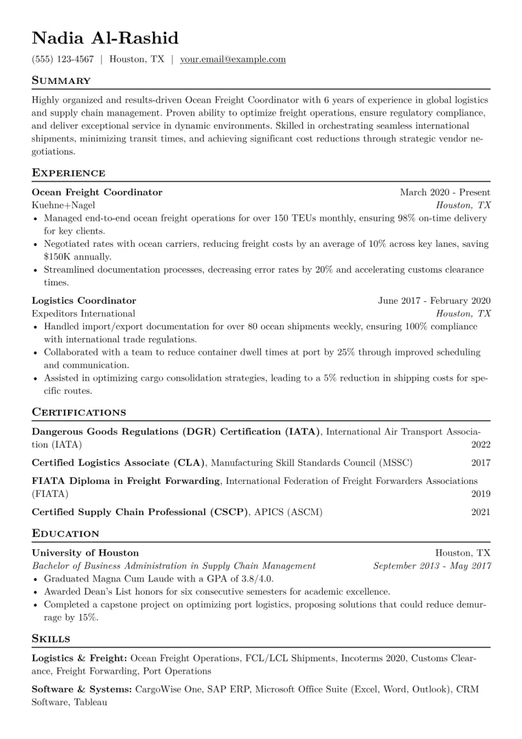 Ocean Freight Coordinator Resume Example CV template preview