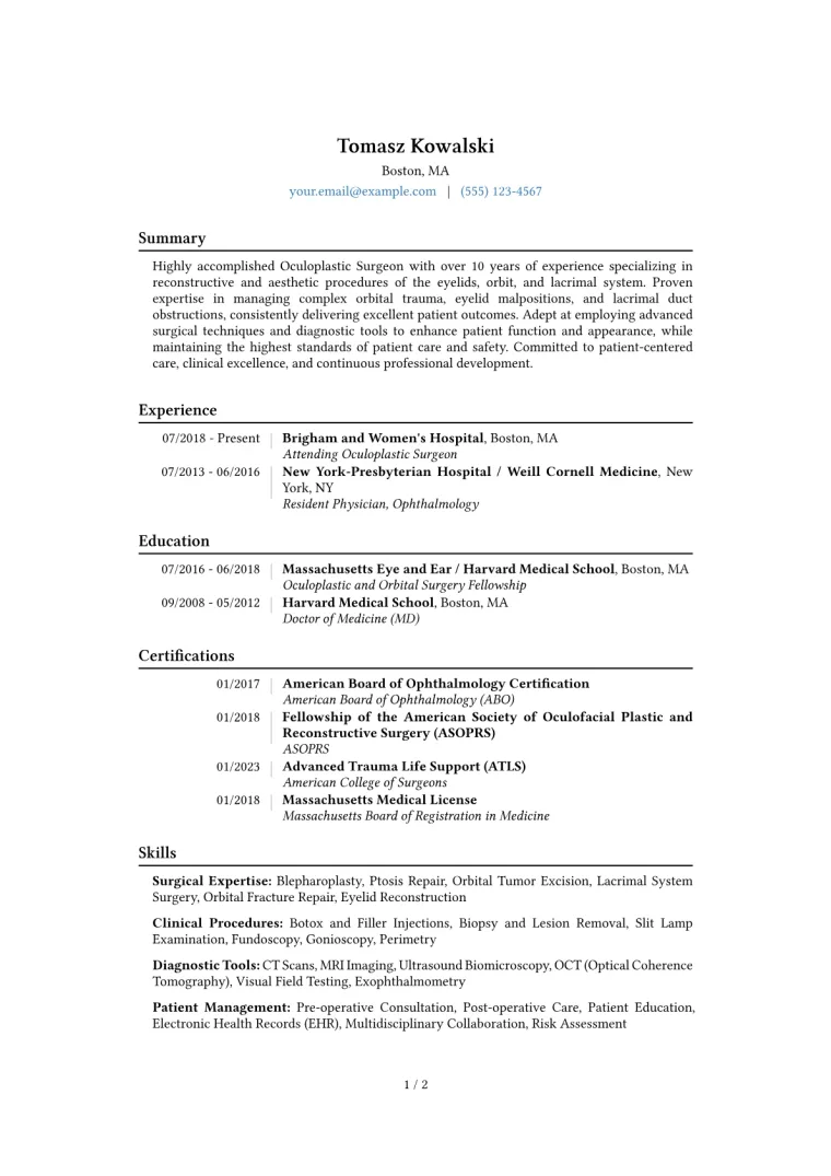 Oculoplastic Surgeon Resume Example CV template preview