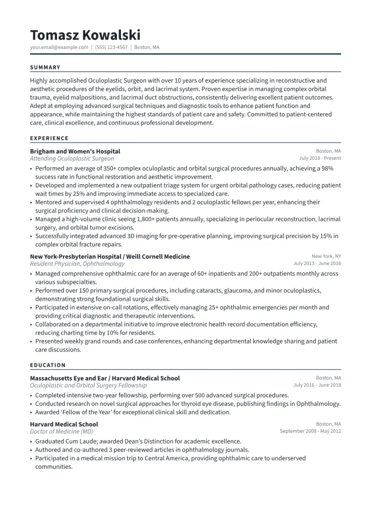 Oculoplastic Surgeon Resume Example CV template preview