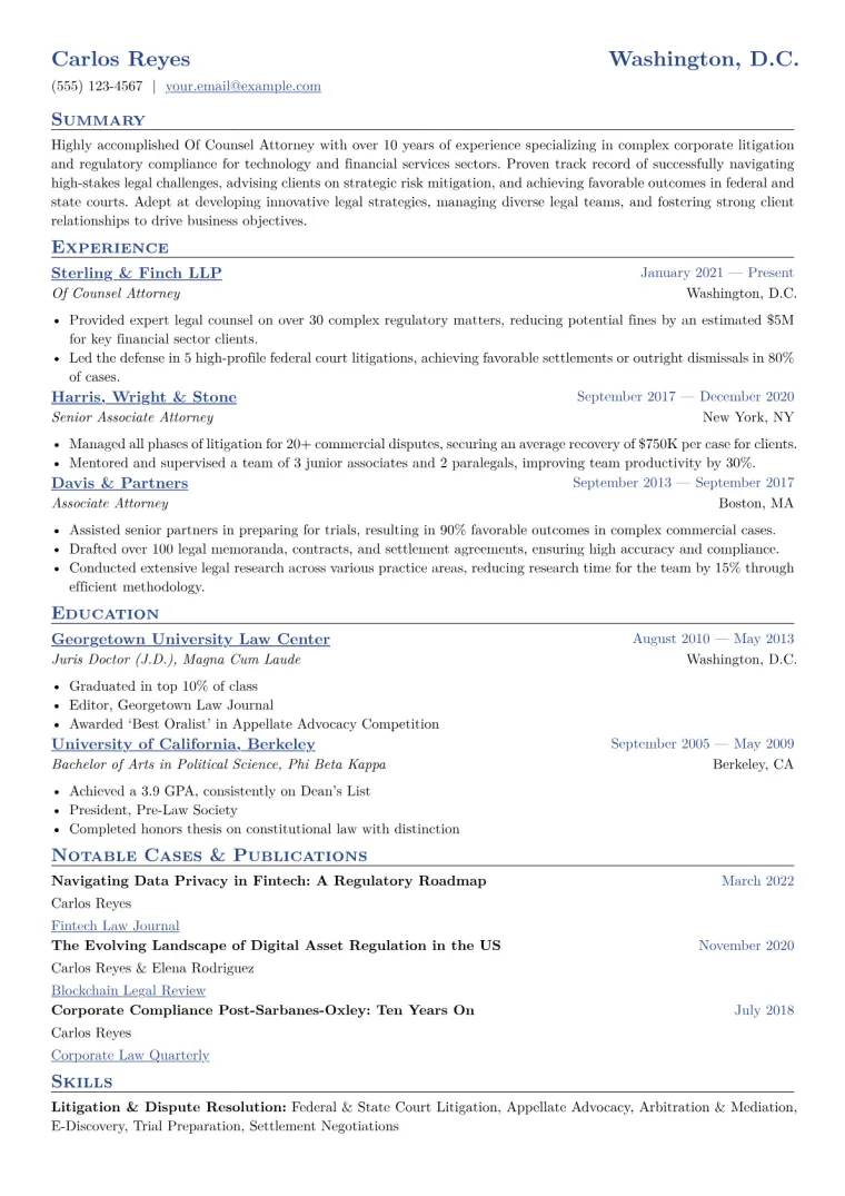 Of Counsel Attorney Resume Example CV template preview