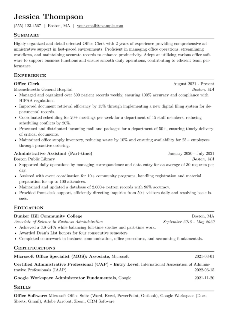 Office Clerk Resume Example CV template preview