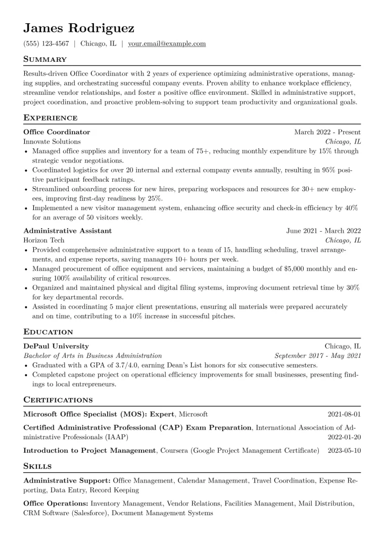 Office Coordinator Resume Example CV template preview