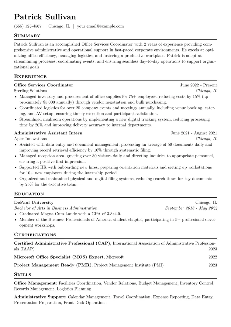 Office Services Coordinator Resume Example CV template preview