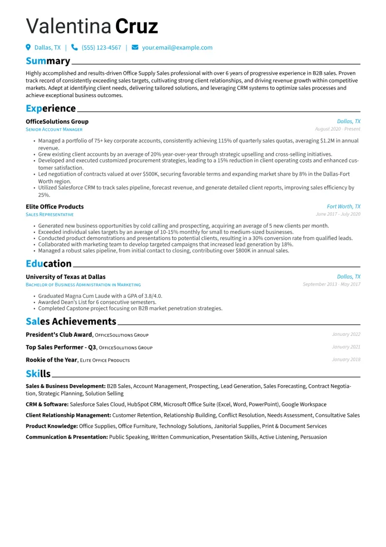 Office Supply Sales Resume Example CV template preview