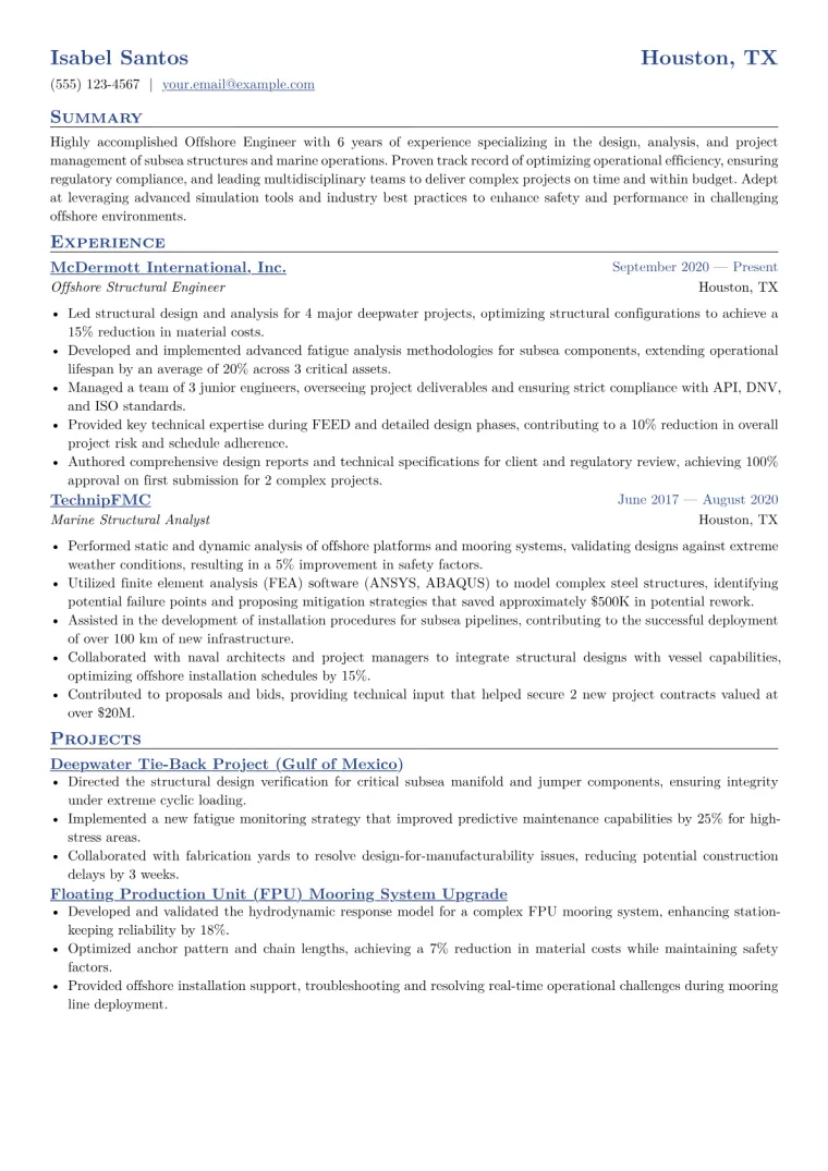 Offshore Engineer Resume Example CV template preview