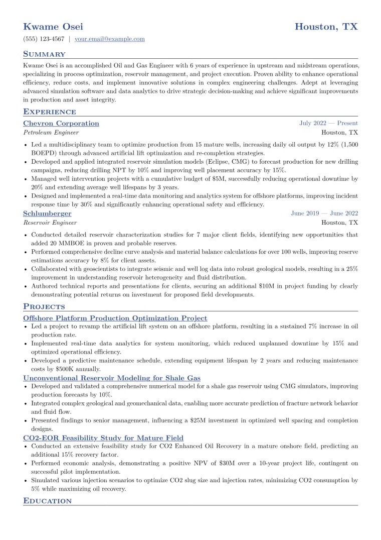 Oil and Gas Engineer Resume Example CV template preview