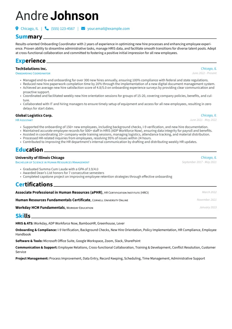 Onboarding Coordinator Resume Example CV template preview