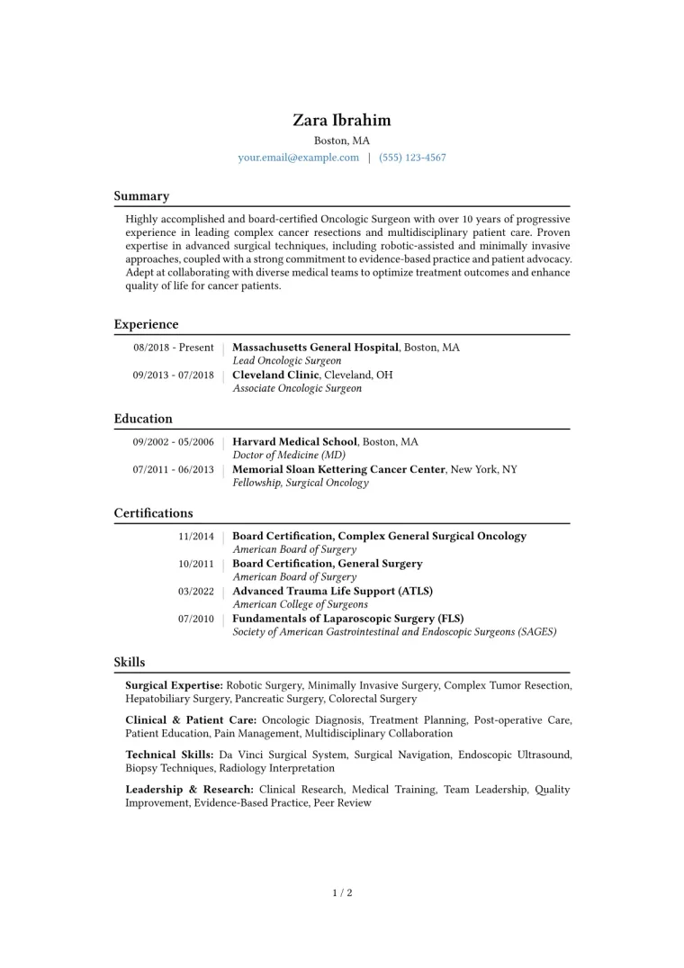 Oncologic Surgeon Resume Example CV template preview