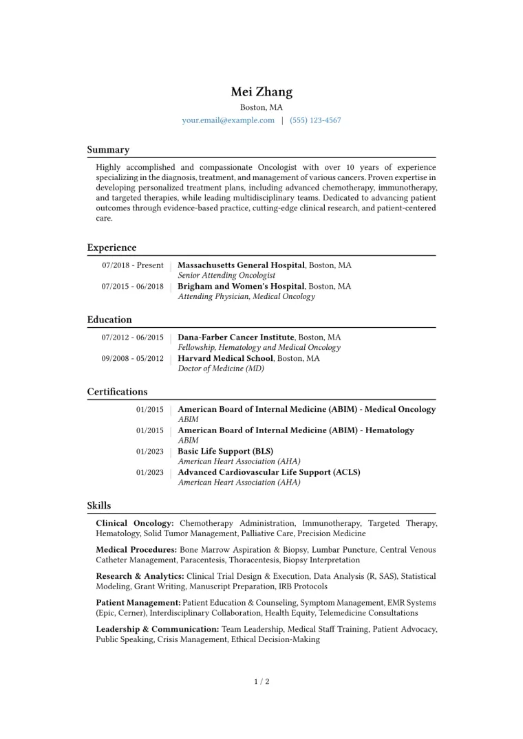 Oncologist Resume Example CV template preview