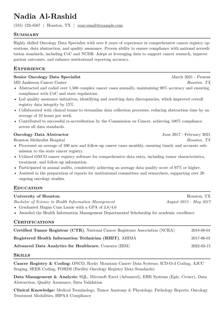 Oncology Data Specialist Resume Example CV template preview
