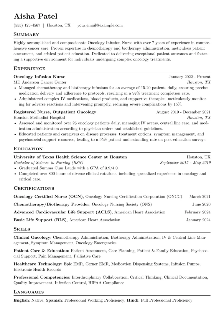 Oncology Infusion Nurse Resume Example CV template preview