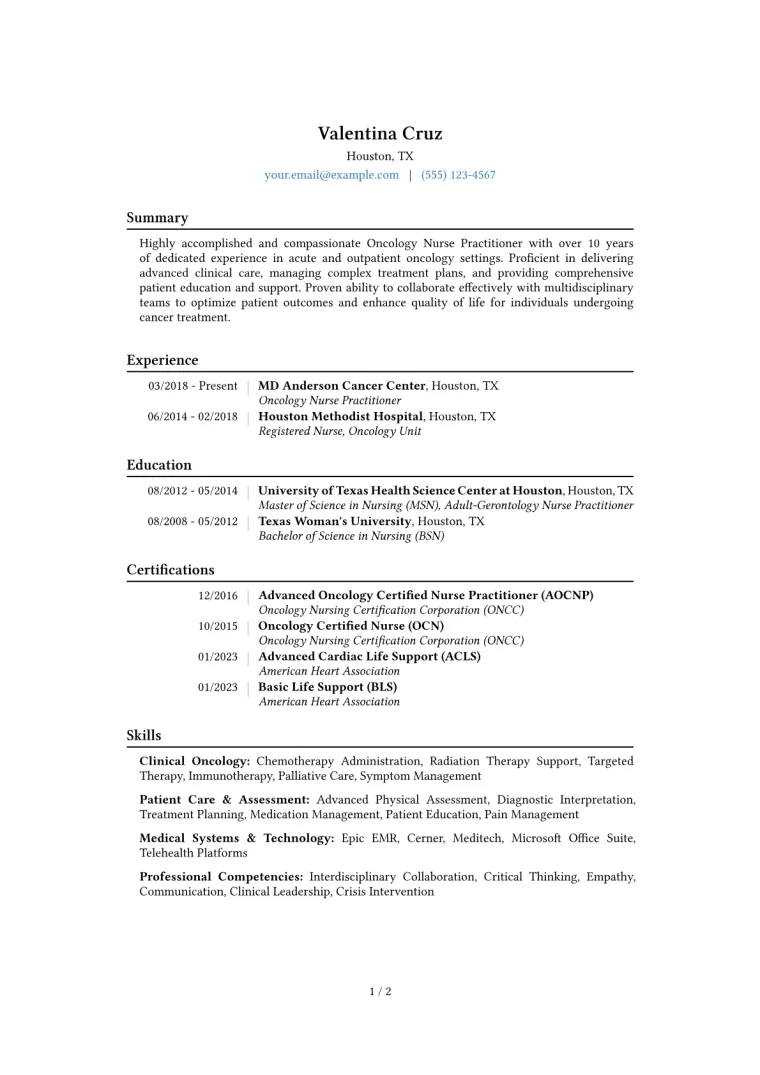 Oncology Nurse Practitioner Resume Example CV template preview