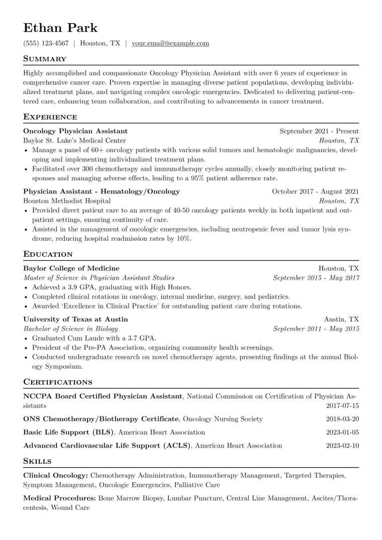 Oncology PA Resume Example CV template preview
