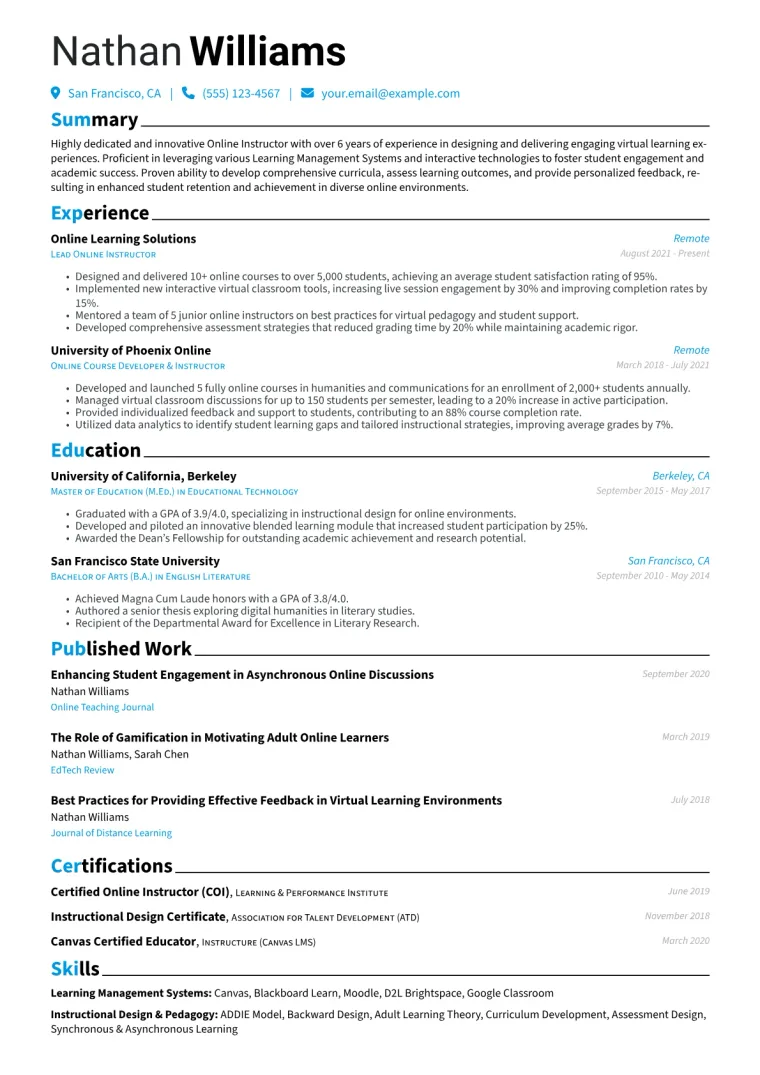 Online Instructor Resume Example CV template preview
