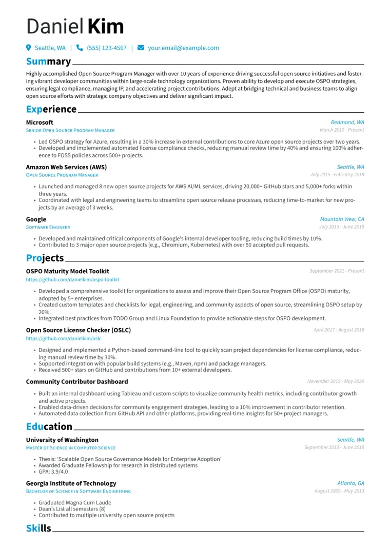Open Source Program Manager Resume Example CV template preview